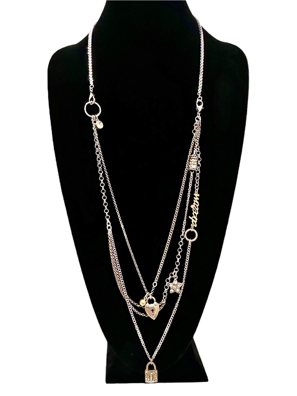 CHICO’S Silver Layered Love, Dream & Lock Charm Necklace | NWT
